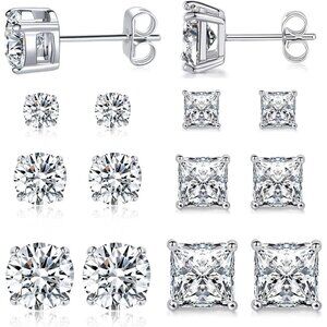 6 Pairs Stud Earrings Set 3mm/5mm/7mm Princess & Round Cubic Zirconia Earrings H